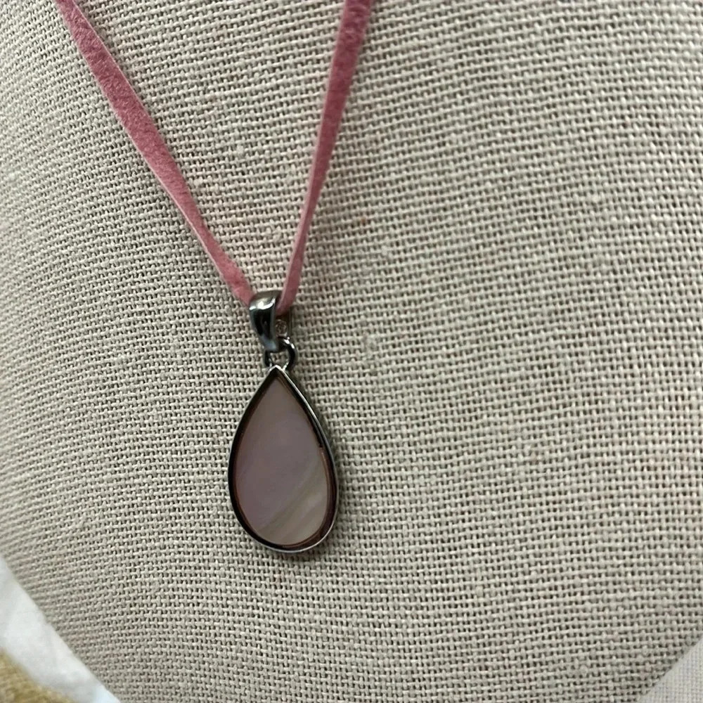 925 Sterling Silver Teardrop Pendant Necklace Iridescent MOP Pink Cord 16" - Picture 10 of 14